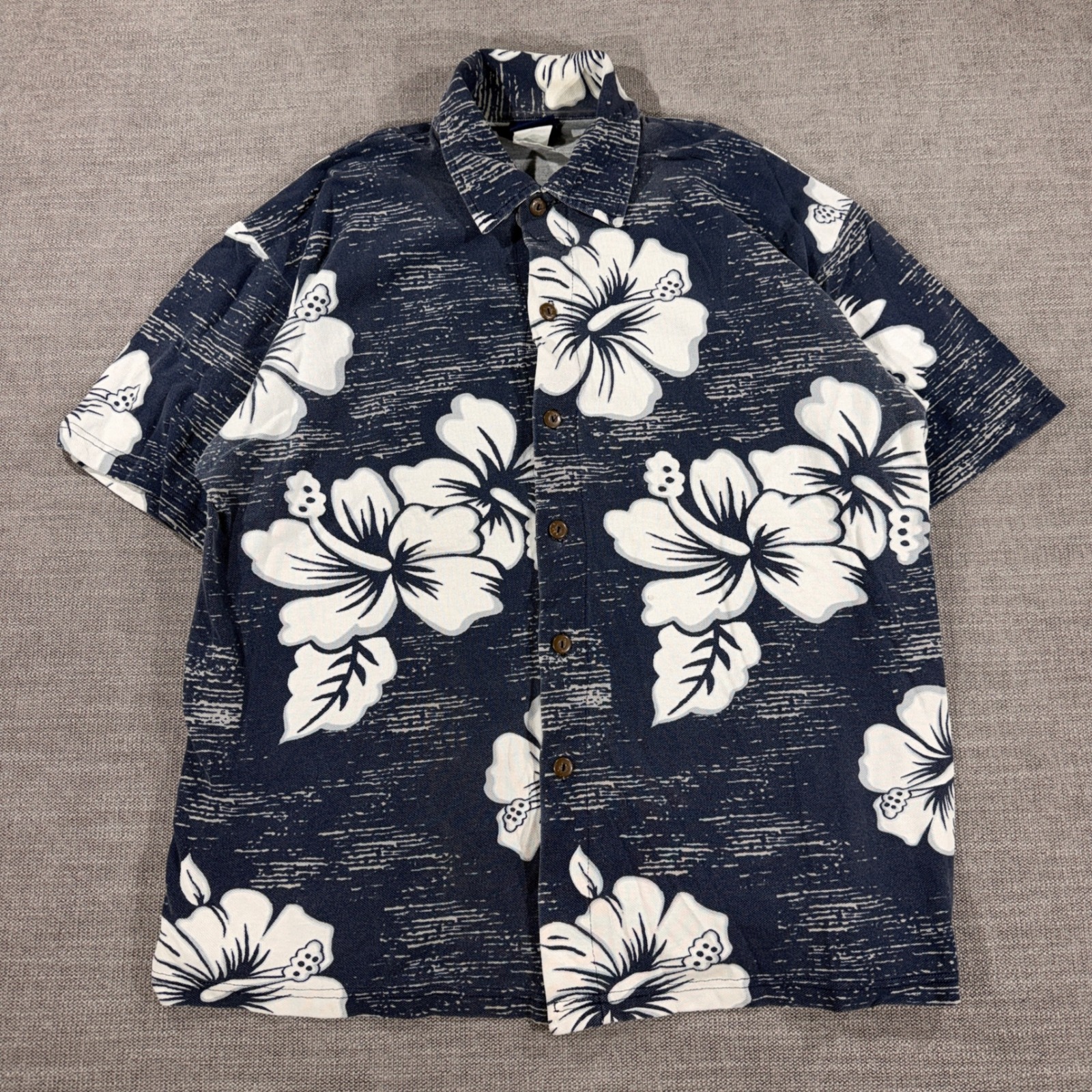 Wd Sportswear Button Down Mens Large Navy Blue Excellent Hibiscus Floral Usa